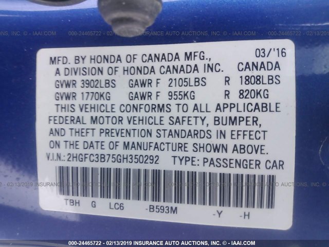 2HGFC3B75GH350292 - 2016 HONDA CIVIC EXL BLUE photo 9