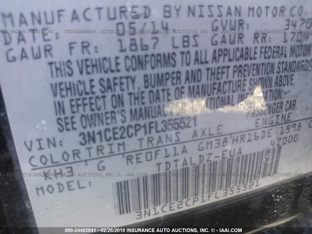 3N1CE2CP1FL355521 - 2015 NISSAN VERSA NOTE S/S PLUS/SV/SL/SR BLACK photo 9