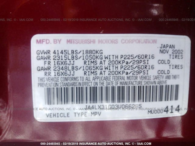 JA4LX31G03U066285 - 2003 MITSUBISHI OUTLANDER LS RED photo 9