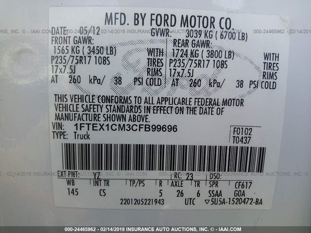 1FTEX1CM3CFB99696 - 2012 FORD F150 SUPER CAB YELLOW photo 9
