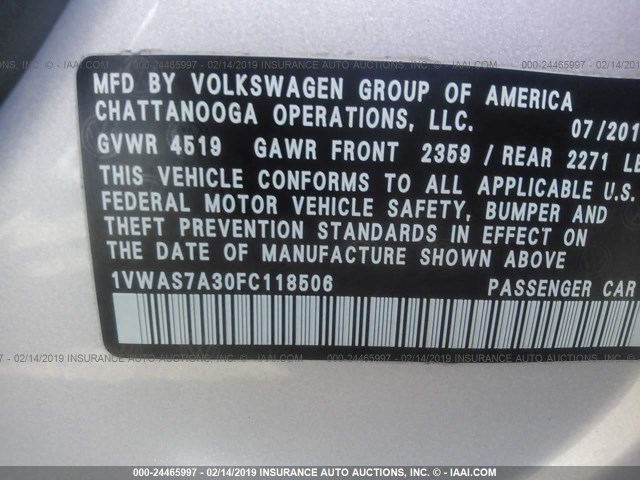 1VWAS7A30FC118506 - 2015 VOLKSWAGEN PASSAT S SILVER photo 9