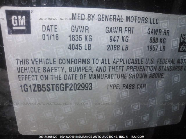 1G1ZB5ST6GF202993 - 2016 CHEVROLET MALIBU LS BLACK photo 9