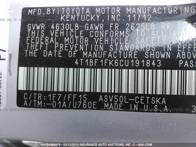 4T1BF1FK6CU191843 - 2012 TOYOTA CAMRY SE/LE/XLE 银色 照片 9