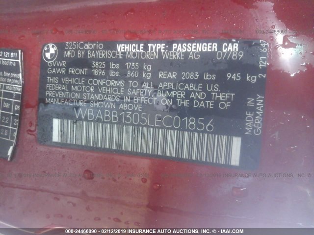 WBABB1305LEC01856 - 1990 BMW 325 IC RED photo 9