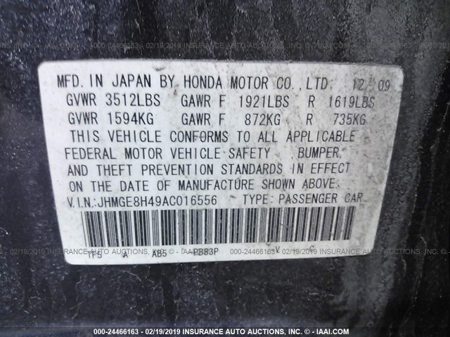 JHMGE8H49AC016556 - 2010 HONDA FIT SPORT BLUE photo 9