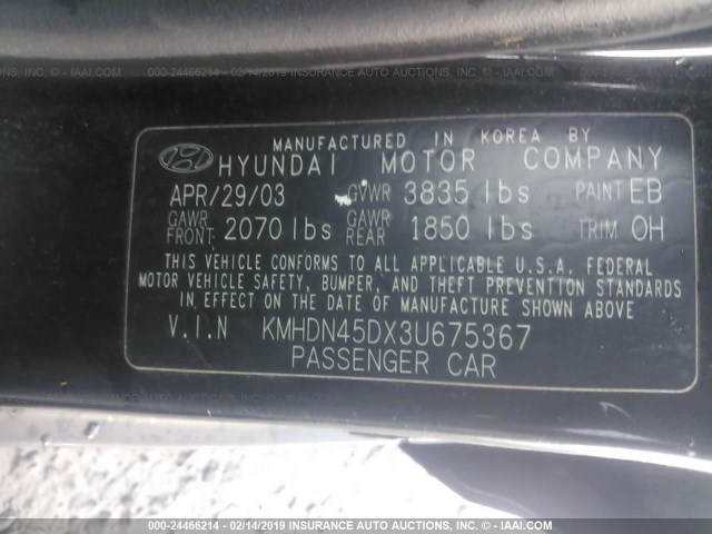 KMHDN45DX3U675367 - 2003 HYUNDAI ELANTRA GLS/GT BLACK photo 9