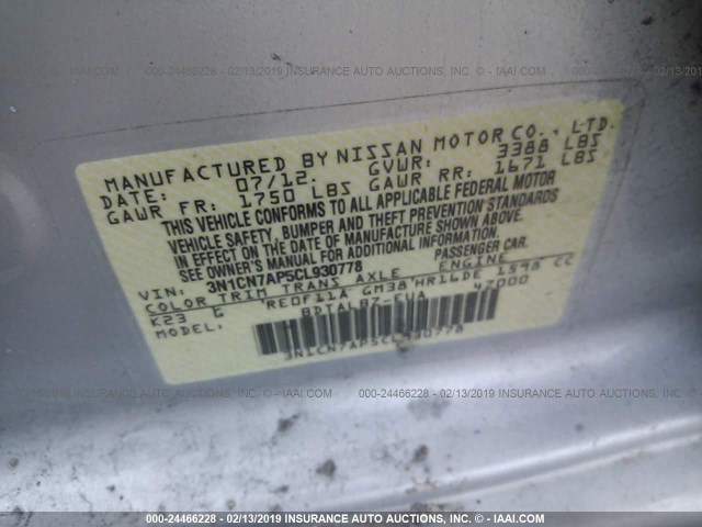 3N1CN7AP5CL930778 - 2012 NISSAN VERSA S/SV/SL SILVER photo 9