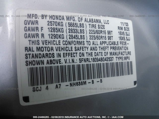 5FNRL18094B042537 - 2004 HONDA ODYSSEY EXL SILVER photo 9