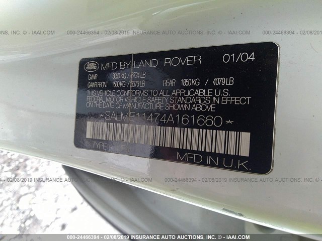 SALME11474A161660 - 2004 LAND ROVER RANGE ROVER HSE WHITE photo 9