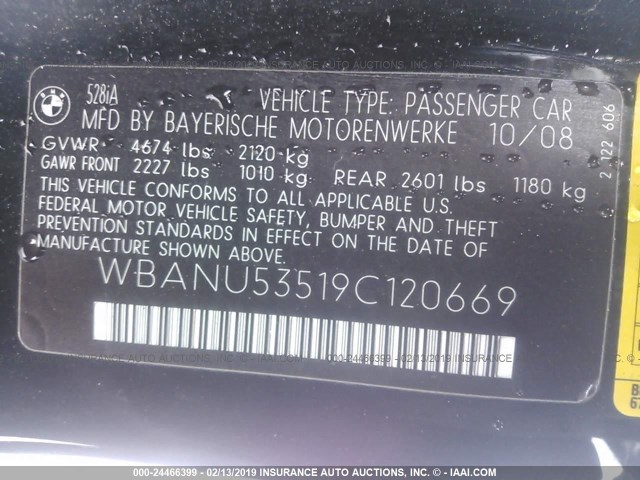 WBANU53519C120669 - 2009 BMW 528 I BLACK photo 9