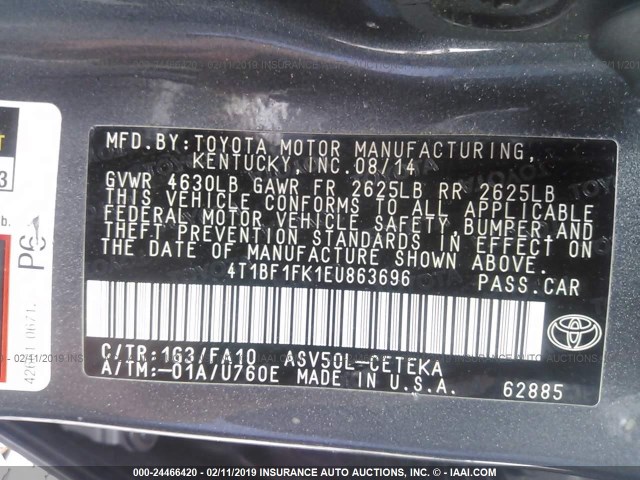 4T1BF1FK1EU863696 - 2014 TOYOTA CAMRY L/SE/LE/XLE GRAY photo 9