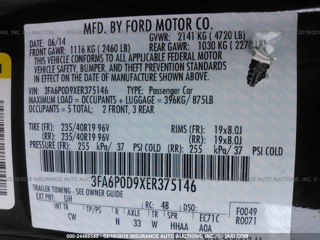 3FA6P0D9XER375146 - 2014 FORD FUSION TITANIUM BLACK photo 9