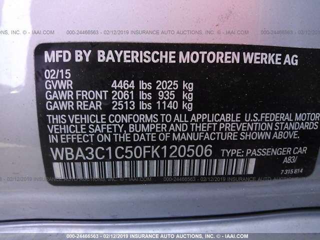 WBA3C1C50FK120506 - 2015 BMW 328 I SULEV SILVER photo 9