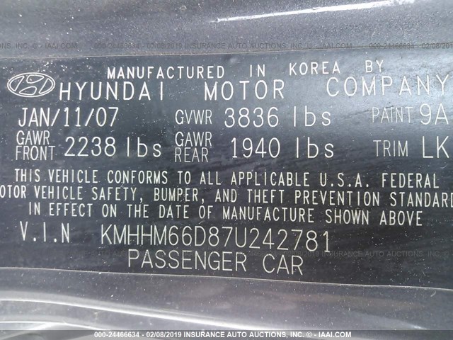 KMHHM66D87U242781 - 2007 HYUNDAI TIBURON GS GRAY photo 9