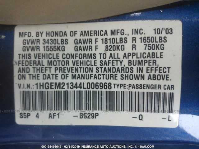 1HGEM21344L006968 - 2004 HONDA CIVIC DX VP Tünd mavi foto 9