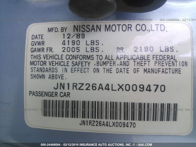 JN1RZ26A4LX009470 - 1990 NISSAN 300ZX 2+2 BLUE photo 9