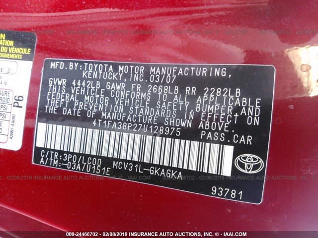 4T1FA38P27U128975 - 2007 TOYOTA CAMRY SOLARA SE/SLE RED photo 9