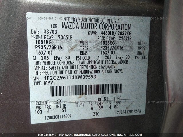 4F2CZ96114KM09593 - 2004 MAZDA TRIBUTE ES 灰色 照片 9