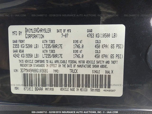 3D7MX49A88G103681 - 2008 DODGE RAM 3500 BLACK photo 9