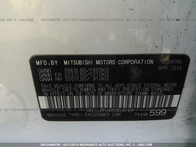 JA32U2FUXCU028189 - 2012 MITSUBISHI LANCER ES/ES SPORT WHITE photo 9