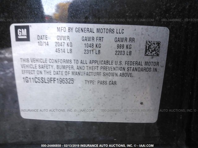 1G11C5SL9FF196325 - 2015 CHEVROLET MALIBU 1LT შავი ფოტო 9