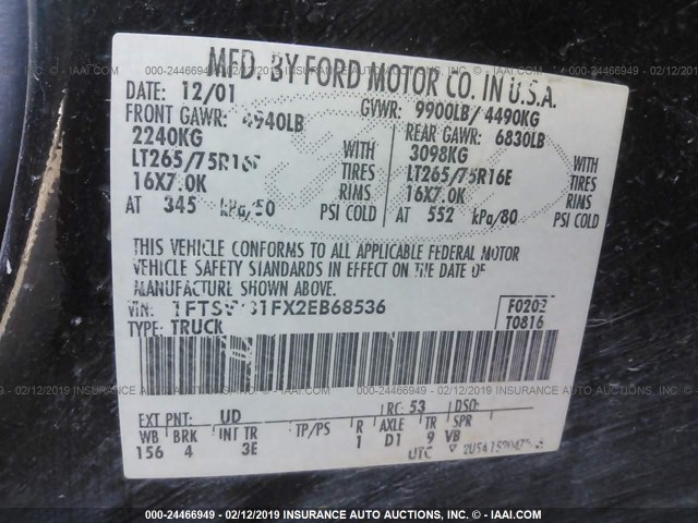 1FTSW31FX2EB68536 - 2002 FORD F350 SRW SUPER DUTY BLACK photo 9