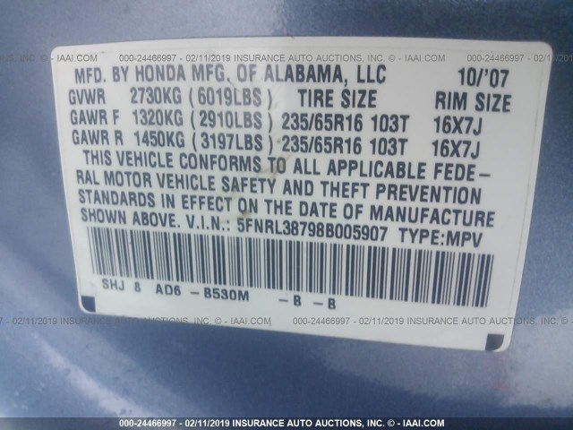 5FNRL38798B005907 - 2008 HONDA ODYSSEY EXL BLUE photo 9