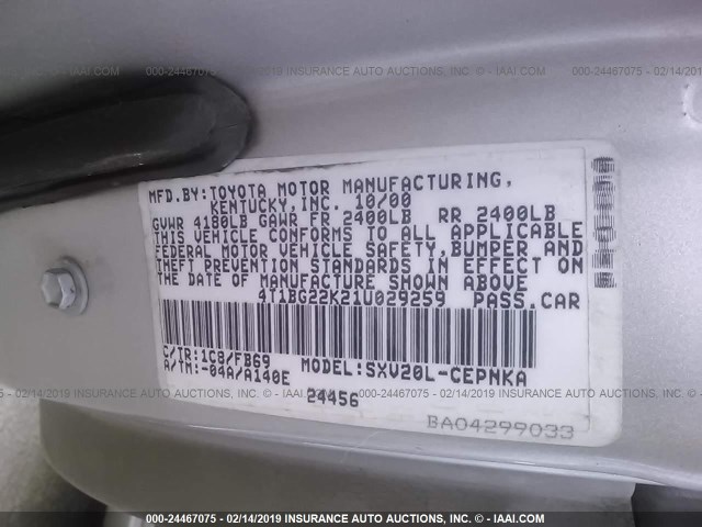 4T1BG22K21U029259 - 2001 TOYOTA CAMRY CE/LE/XLE SILVER photo 9