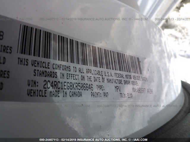 2C4RC1EG8KR506646 - 2019 CHRYSLER PACIFICA TOURING L PLUS WHITE photo 9