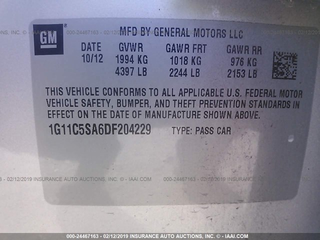 1G11C5SA6DF204229 - 2013 CHEVROLET MALIBU 1LT 银色 照片 9