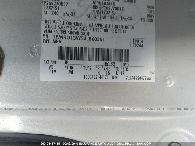 1FMRU13W24LB60351 - 2004 FORD EXPEDITION XLS SILVER photo 9