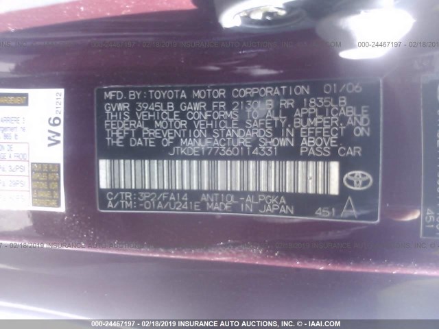 JTKDE177360114331 - 2006 TOYOTA SCION TC იასამნისფერი ფოტო 9