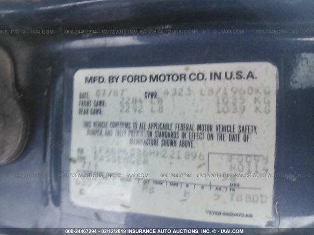 1FABP6036HH221896 - 1987 FORD THUNDERBIRD  BLUE photo 9