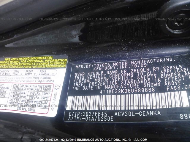 4T1BE32K06U688668 - 2006 TOYOTA CAMRY LE/XLE/SE BLACK photo 9