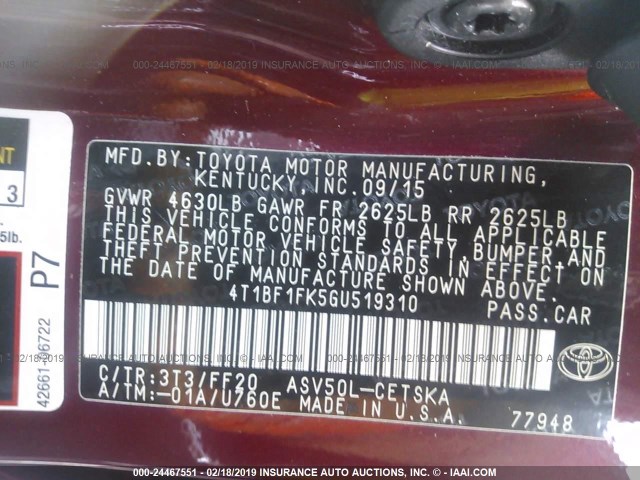 4T1BF1FK5GU519310 - 2016 TOYOTA CAMRY LE/XLE/SE/XSE 红色 照片 9