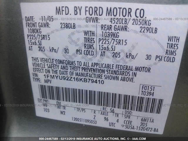 1FMYU92Z16KB79410 - 2006 FORD ESCAPE XLS GREEN photo 9