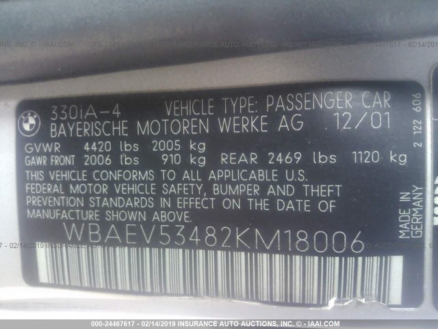 WBAEV53482KM18006 - 2002 BMW 330 I SILVER photo 9