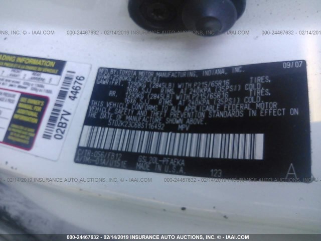 5TDZK23C68S116492 - 2008 TOYOTA SIENNA CE/LE WHITE photo 9