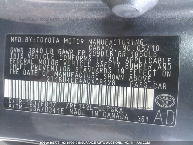 2T1BU4EE4AC408128 - 2010 TOYOTA COROLLA S/LE/XLE GRAY photo 9