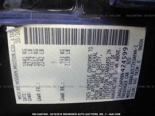 1N4AL2AP4BN424599 - 2011 NISSAN ALTIMA S 黑色 照片 9