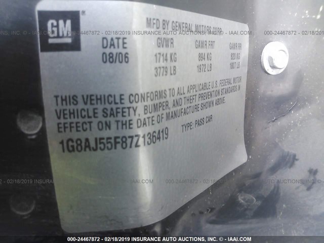 1G8AJ55F87Z136419 - 2007 SATURN ION LEVEL 2 白色 照片 9