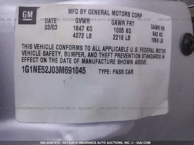 1G1NE52J03M691045 - 2003 CHEVROLET MALIBU LS SILVER photo 9