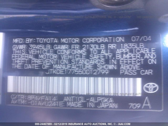 JTKDE177550012799 - 2005 TOYOTA SCION TC მუქი ლურჯი ფოტო 9