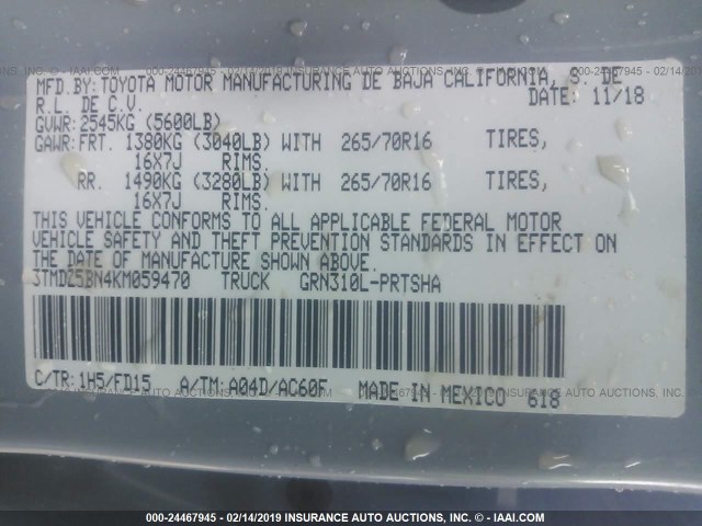 3TMDZ5BN4KM059470 - 2019 TOYOTA TACOMA DOUBLE CAB/SR5/TRD SPORT/ GRAY photo 9