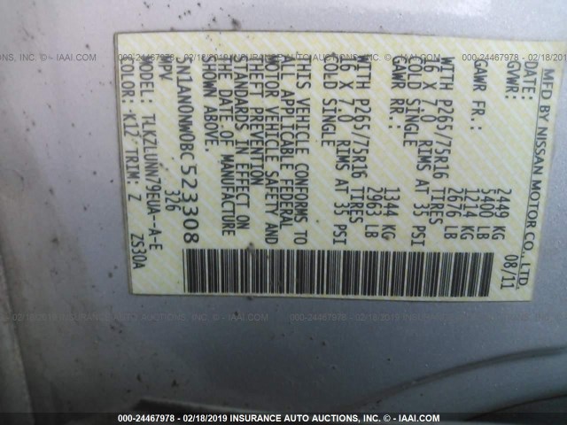 5N1AN0NW0BC523308 - 2011 NISSAN XTERRA OFF ROAD/S/SE SILVER photo 9