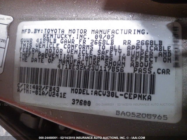 4T1BE32K23U117856 - 2003 TOYOTA CAMRY LE/XLE/SE GOLD photo 9