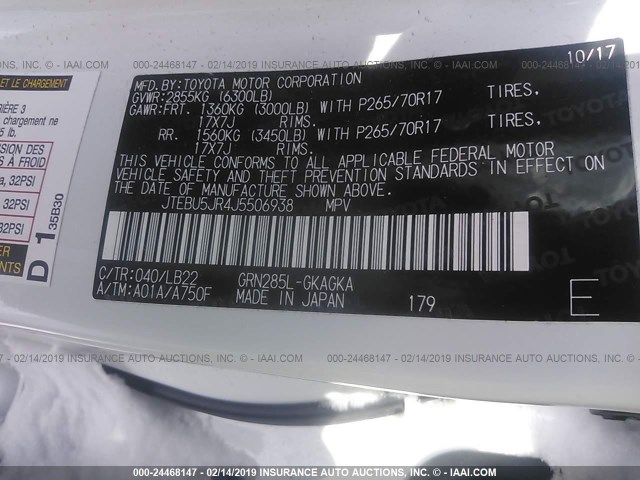 JTEBU5JR4J5506938 - 2018 TOYOTA 4RUNNER SR5 PREM/LTDL/TRAIL/TRD WHITE photo 9