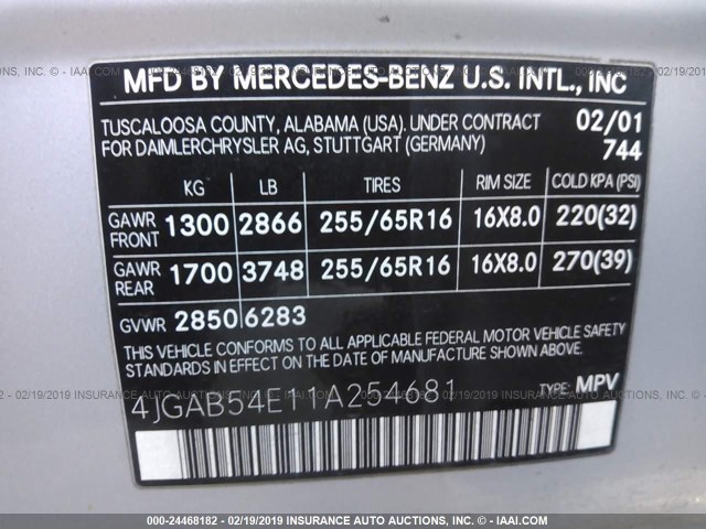 4JGAB54E11A254681 - 2001 MERCEDES-BENZ ML 320 SILVER photo 9