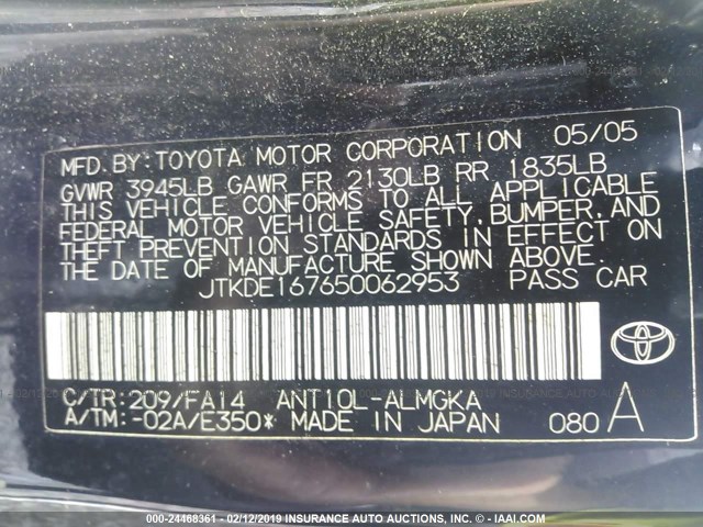 JTKDE167650062953 - 2005 TOYOTA SCION TC შავი ფოტო 9