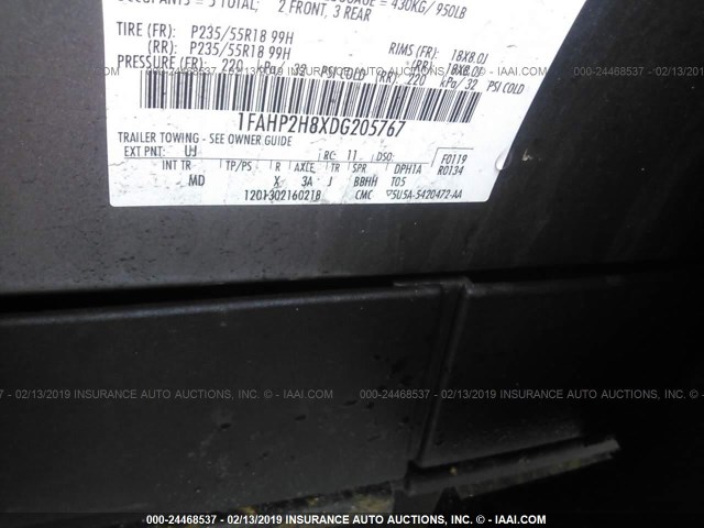 1FAHP2H8XDG205767 - 2013 FORD TAURUS SEL GRAY photo 9